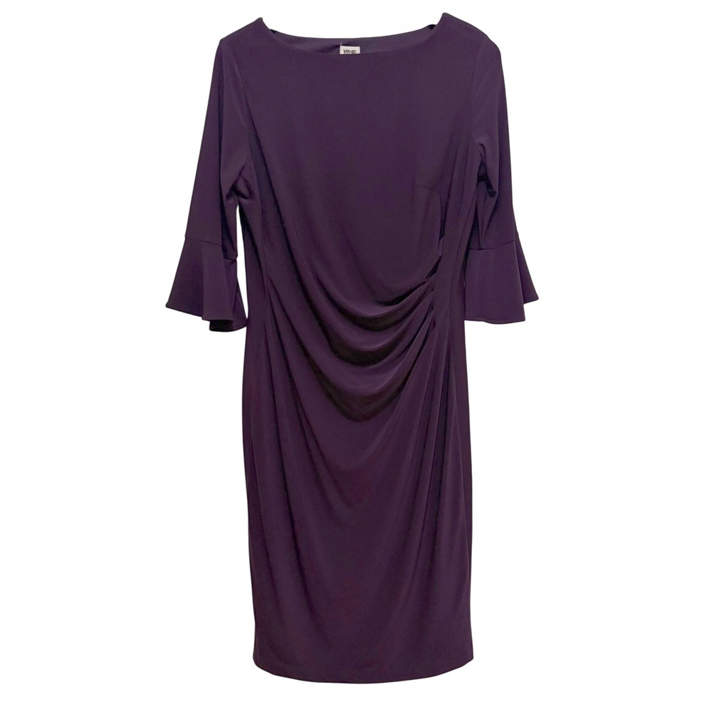 Anne Klein Ruched Sheath Dress 3/4 Flounce Sleeve Plum Purple Sz 12 Office